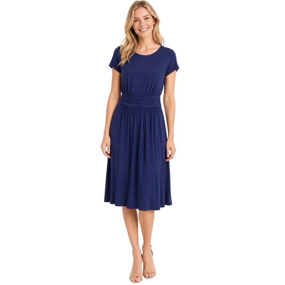 Quince Blue Fit & Flare Midi Dress Navy Short Sleeve Ruched Waist Large
